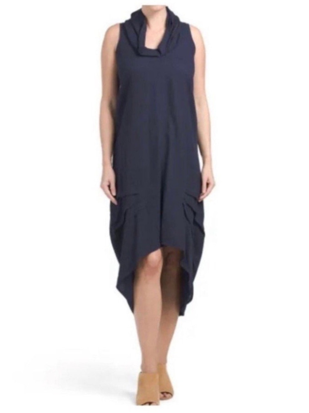 For Cynthia Black High-Low Navy Sleeveless Linen Cowl Neck Dress